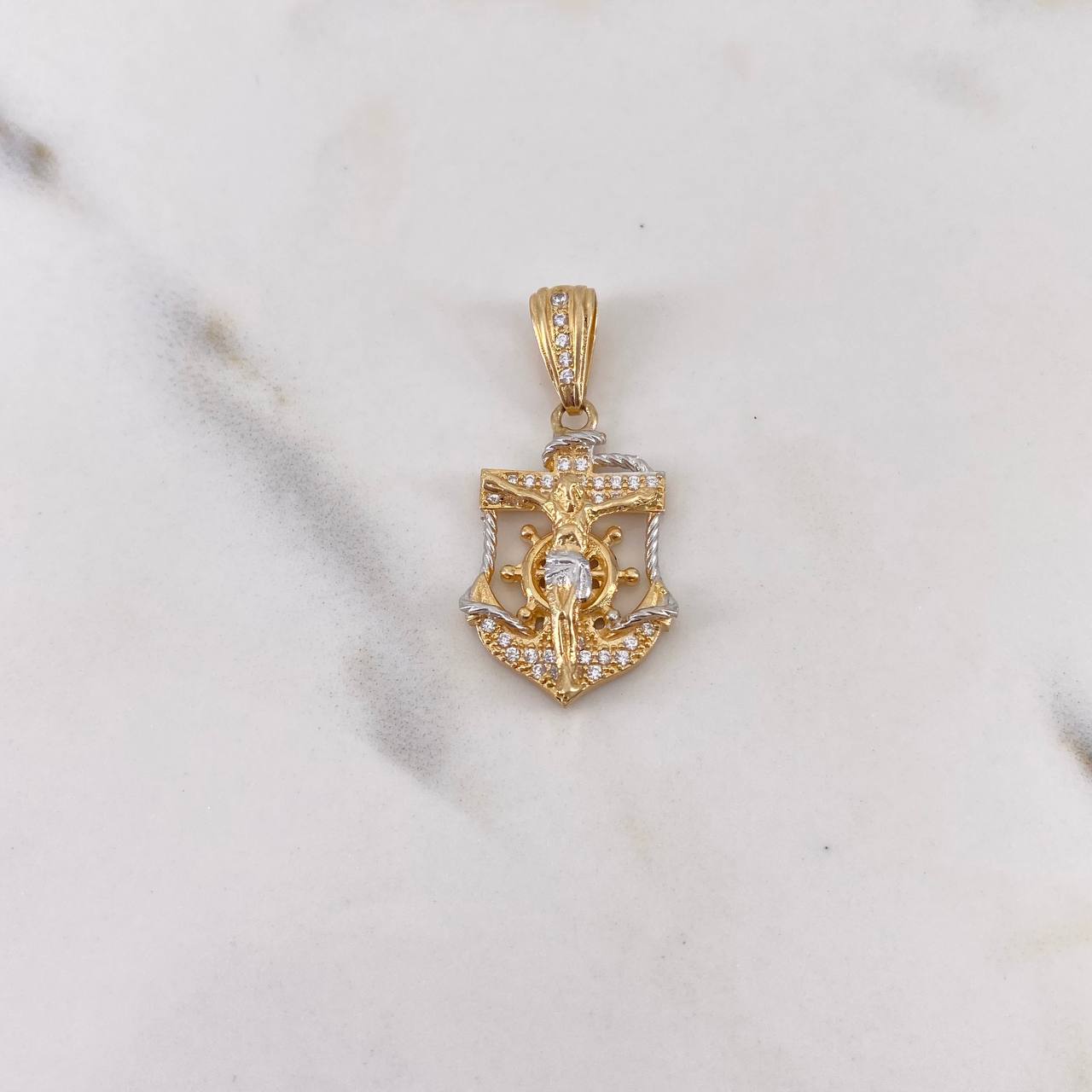 Dije Cruz Cristo Ancla Y Timon 3.35gr / 3cm / Circones Blancos Dos Oros Amarillo Blanco 18K $ Dije Cruz Cristo Ancla Y Timon 3.35gr / 3cm / Circones Blancos Dos Oros Amarillo Blanco 18K $