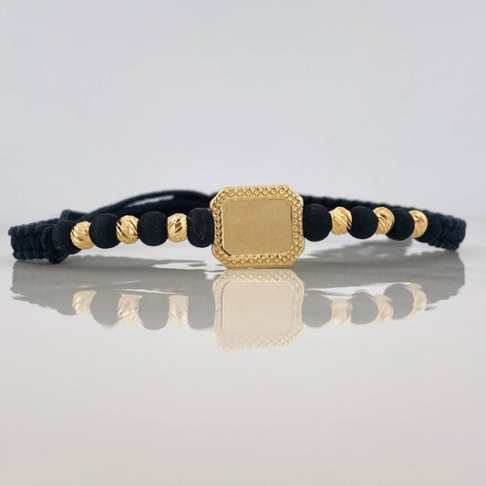 Pulsera Tejida Negra Placa Rectangular Bolas Diamantadas Oro Amarillo 18K