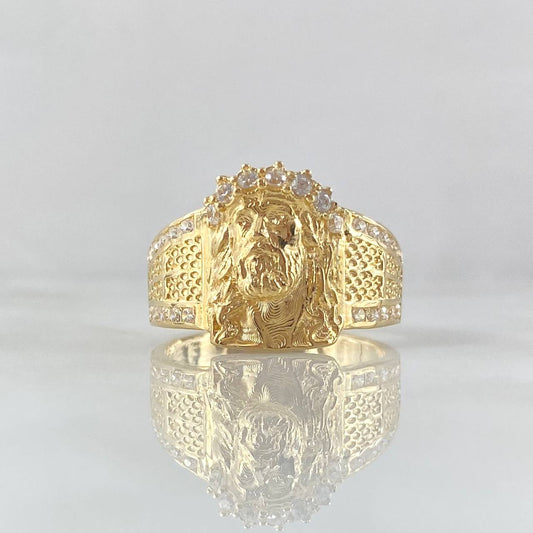 Anillo Rosto Cristo 6.65gr / T10 1/4 / Circones Blancos Oro Amarillo 18K