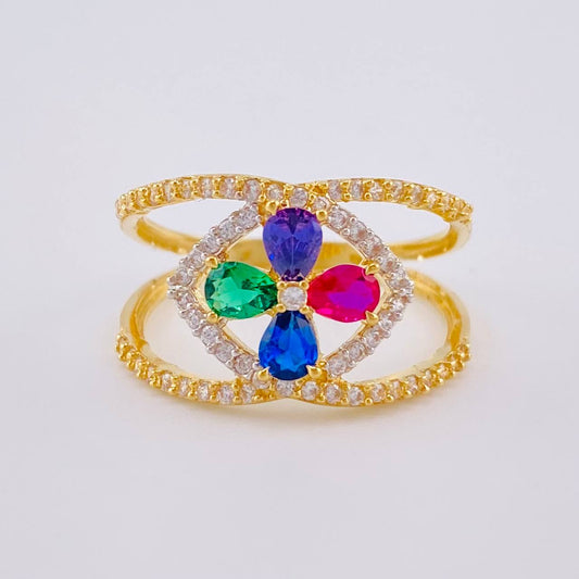 Anillo Flor Puntas Cruzadas 3.2 g / T6 1/2 Dos Oros Amarillo Blanco 18K