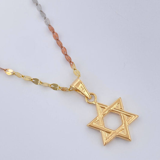 Set Cadena y Dije Flor Espejo + Estrella De David 1.7gr / 45cm / Tres Oros 18K (Oferta) &