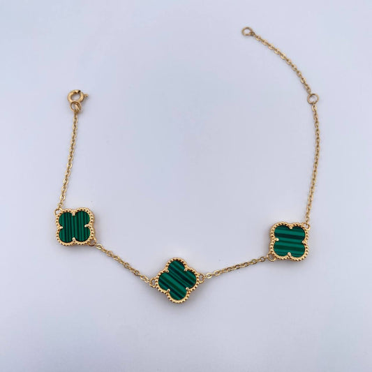 Pulso Espiga Trebol 5.35gr / 17cm-19cm / 1.6mm Malaquita Verde Oro Amarillo Nac.Esp. 18K $