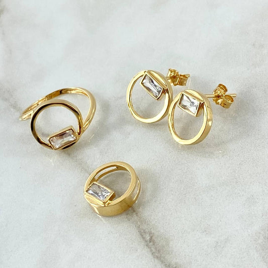 Set Rectangulo Solitario En Aro 6.15gr / Dije Sin Cargador 1.3cm - Topos 1.3cm - Anillo T6 1/2 Oro Amarillo 18K