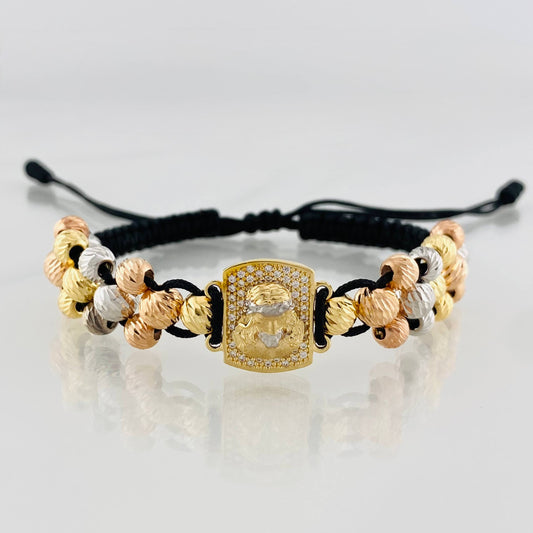 Pulsera Tejida Negra Medalla Cristo Tres Oros 18K