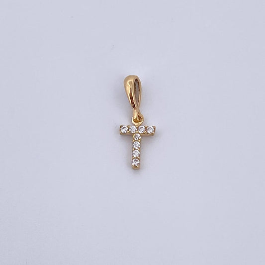 Dije Letra T 0.4gr / 1.5cm / Circones Blancos Oro Amarillo 18K &