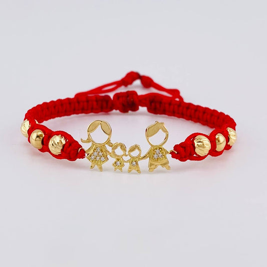 Pulsera Tejida Roja Herraje Familia- Bolas 5Mm / 6 Und Oro Amarillo 18K (A.C)