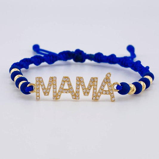 Pulsera Tejida Azul Herraje Mamá - Bolas 4Mm / 6 Und Oro Amarillo 18K (A.C)