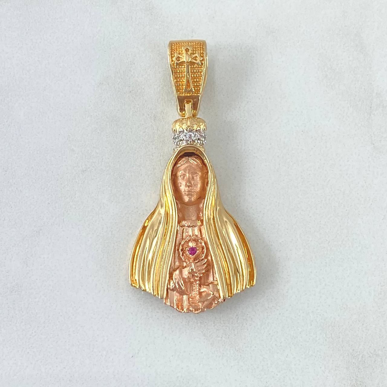 Dije Virgen Fatima 8.1gr / 4.2cm / Circones Blancos - Fucsia Dos Oros Amarillo Rosa 18K Dije Virgen Fatima 8.1gr / 4.2cm / Circones Blancos - Fucsia Dos Oros Amarillo Rosa 18K