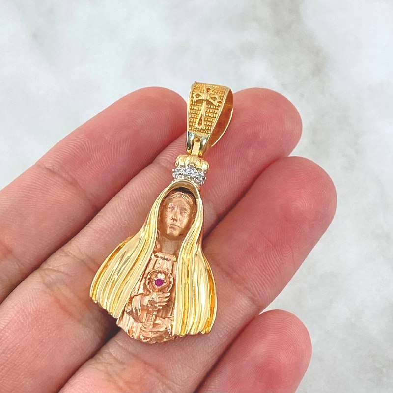 Dije Virgen Fatima 8.1gr / 4.2cm / Circones Blancos - Fucsia Dos Oros Amarillo Rosa 18K Dije Virgen Fatima 8.1gr / 4.2cm / Circones Blancos - Fucsia Dos Oros Amarillo Rosa 18K