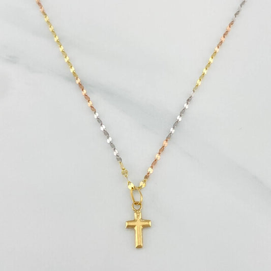 Set Cadena Flor Espejo + Dije Cruz / 0.95gr / 44.5 cm Tres Oros 18K