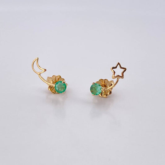 Topos Luna Y Estrella 0.85gr / Esmeralda 21 Pts Oro Amarillo 18K (Joya) &