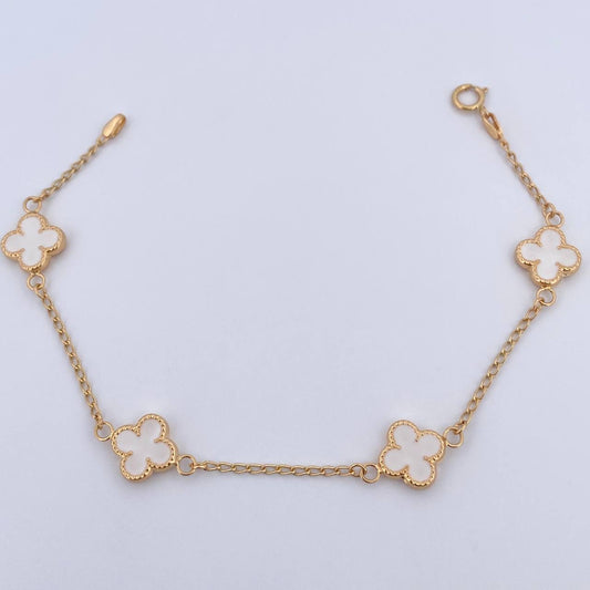 Pulso Trebol Espiga 3.8gr / 18.3cm / 1.4mm Electroestatico Blanco Oro Amarillo 18K &