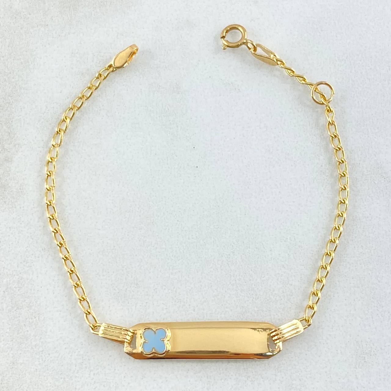Pulso Bebé Espiga Placa Rectangular Trebol 1.7gr / 12cm-14cm / 1.6mm Resina Azul Graduable Oro Amarillo 18K * Pulso Bebé Espiga Placa Rectangular Trebol 1.7gr / 12cm-14cm / 1.6mm Resina Azul Graduable Oro Amarillo 18K *
