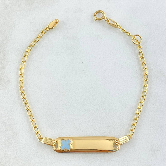 Pulso Bebé Espiga Placa Rectangular Trebol 1.7gr / 12cm-14cm / 1.6mm Resina Azul Graduable Oro Amarillo 18K *