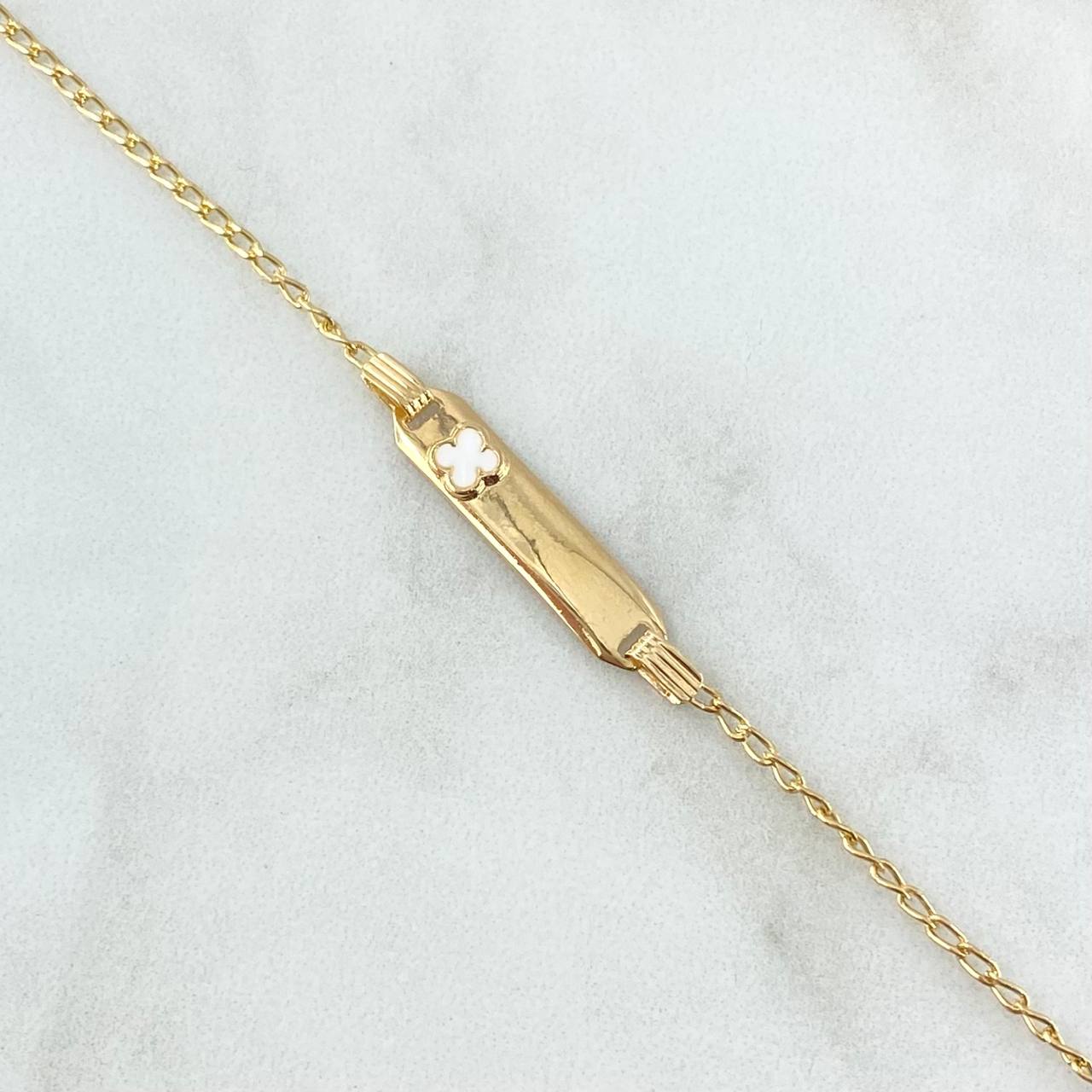 Pulso Bebé Espiga Placa Rectangular Trebol 1.75gr / 12cm-14cm / 1.6mm Resina Blanca Graduable Oro Amarillo 18K © Pulso Bebé Espiga Placa Rectangular Trebol 1.75gr / 12cm-14cm / 1.6mm Resina Blanca Graduable Oro Amarillo 18K ©