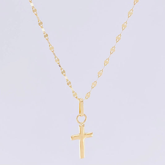 Set Cadena Flor Espejo + Dije Cruz Lisa / 1gr / 45 cm Oro Amarillo 18K