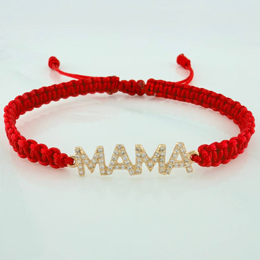 Pulsera Tejida Roja Mamá Oro Amarillo 18K