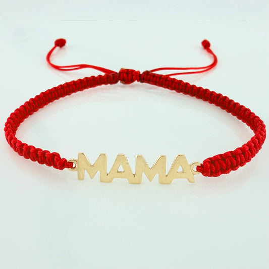 Pulsera Tejida Roja Mamá Oro Amarillo 18K