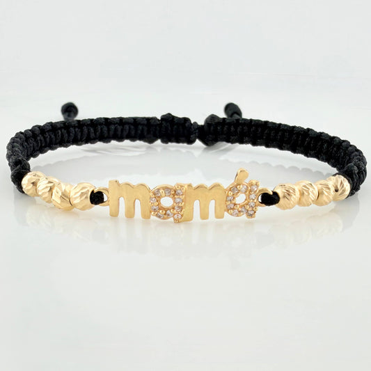 Pulsera Tejida Negra Mamá 4Mm 8 Und Oro Amarillo 18K