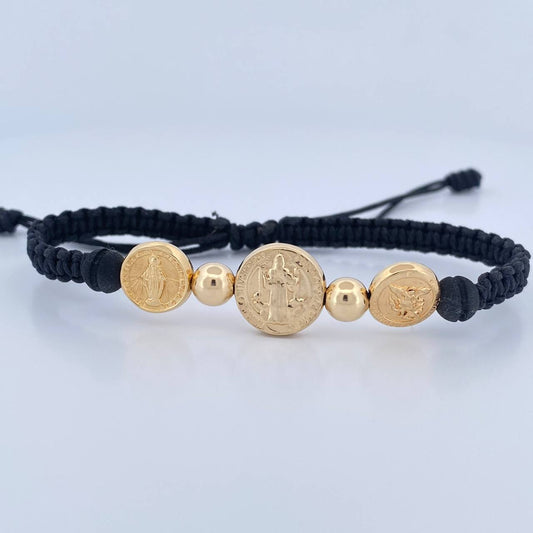 Pulsera Negra Herrajes Trio Religioso 4.35gr / 6mm Bolas Lisas Troquelado Oro Amarillo 18K &
