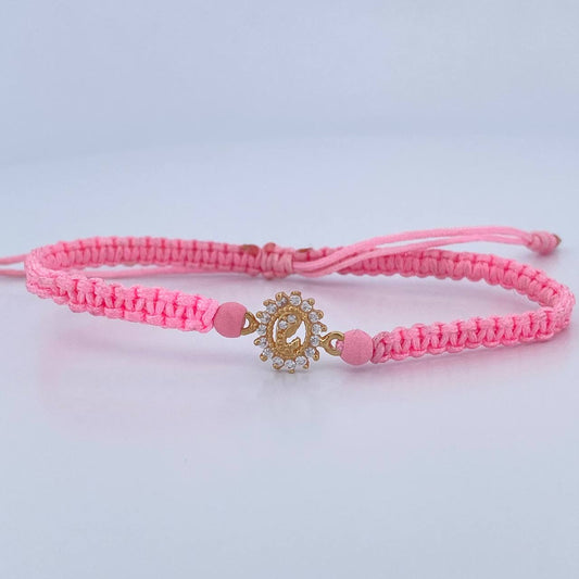 Pulsera Rosada Herraje Virgen Maria 0.65gr / 4mm Neoprenos Circones Blancos Oro Amarillo 18K &