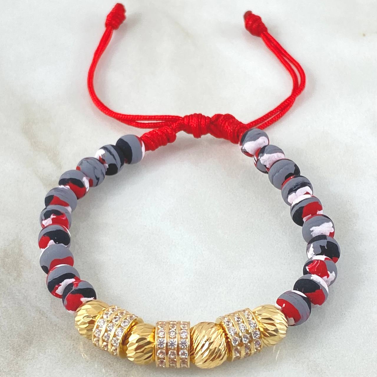 Pulsera Roja Herrajes Cilindros Triple Carril 5.1gr / Oro Amarillo 18K * Pulsera Roja Herrajes Cilindros Triple Carril 5.1gr / Oro Amarillo 18K *