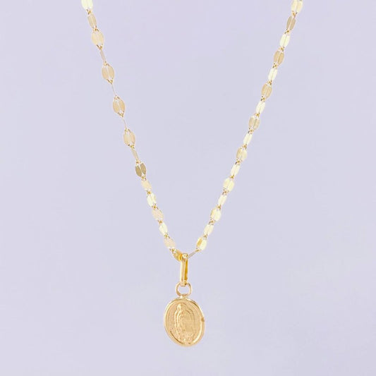 Set Cadena Flor Espejo + Dije Virgen de Guadalupe / 1.25g / 45cm Oro Amarillo 18K