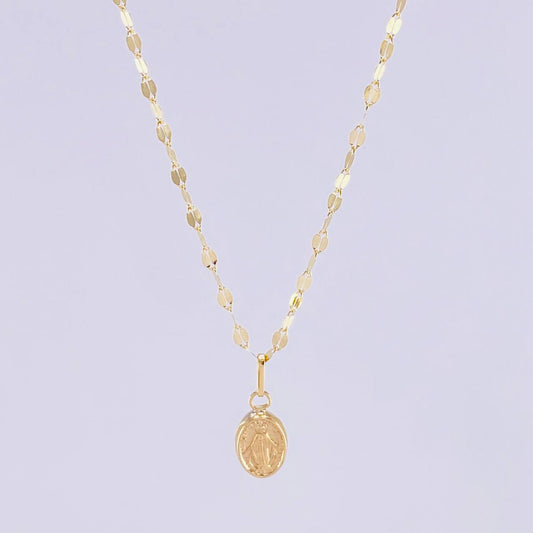 Set Cadena Flor Espejo + Dije Virgen Milagrosa / 1.3g / 45cm Oro Amarillo 18K