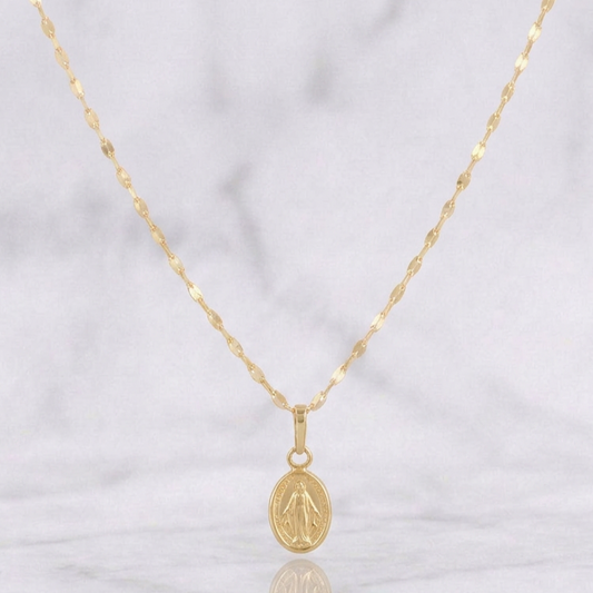 Set Cadena Flor Espejo + Dije Virgen Milagrosa / 1.2g / 45cm Oro Amarillo 18K