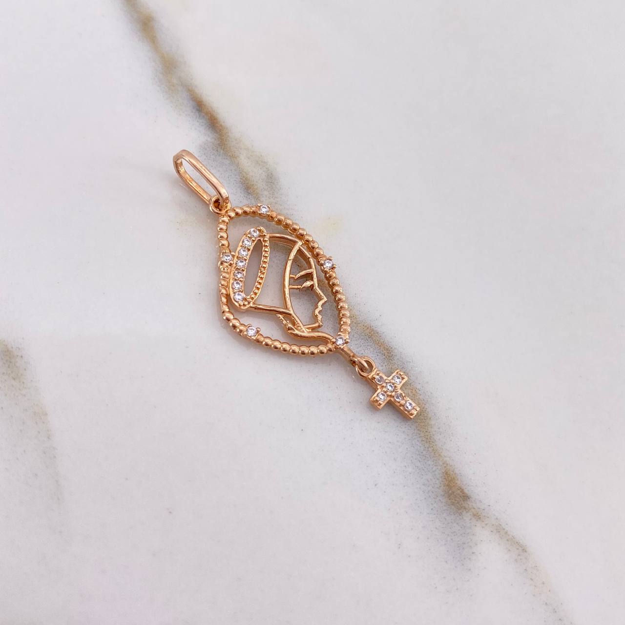 Dije Rosario Virgen Maria 1.65gr / 3.5cm / Circones Blancos Oro Rosa $ Dije Rosario Virgen Maria 1.65gr / 3.5cm / Circones Blancos Oro Rosa $