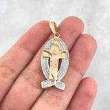 Dije Cruz Cristo Pez 6.3gr / 4.2cm / Circones Blancos Tres Oros 18K Dije Cruz Cristo Pez 6.3gr / 4.2cm / Circones Blancos Tres Oros 18K