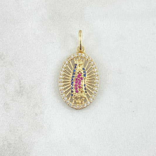 Dije Virgen Guadalupe Ovalo Filigrana 2.3gr / 2.6cm / Circones Blancos Azules Fucsias Oro Amarillo 18K ©