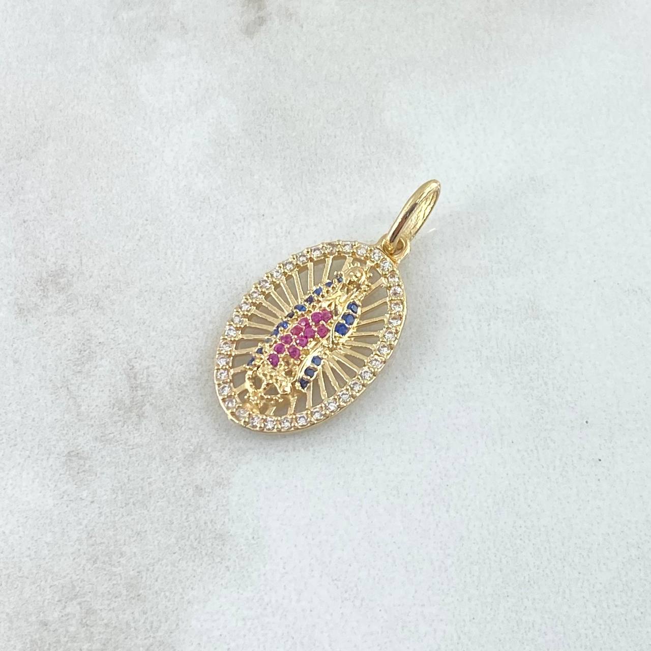 Dije Virgen Guadalupe Ovalo Filigrana 2.3gr / 2.6cm / Circones Blancos Azules Fucsias Oro Amarillo 18K © Dije Virgen Guadalupe Ovalo Filigrana 2.3gr / 2.6cm / Circones Blancos Azules Fucsias Oro Amarillo 18K ©