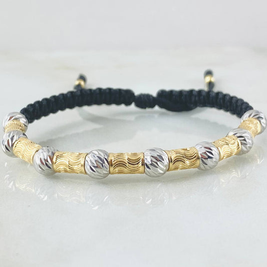 Pulsera Negra Cilindros Lunares Segmentados 2.9gr / Dos Oros Amarillo Blanco 18K *