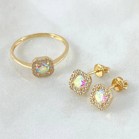 Set Halo Cuadrado - Topos 0.7cm - Anillo T8 4.3gr Circones Tornasol Nac.Esp. Oro 18K