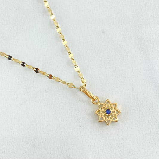 Set Cadena Flor Espejo 0.95gr / 50cm + Dije Flor Mandala 0.5gr / 1.45gr / Circon Azu Rey Oro 18K (Oferta) ©