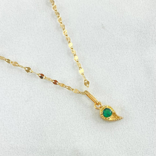 Set Cadena Flor Espejo 0.9gr / 45cm + Dije Gota 0.55gr / 1.45gr / Circon Verde Oro 18K (Oferta) ©