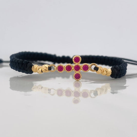 Pulsera Tejida Negra Cruz Tupida Oro Amarillo 18K