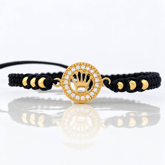 Pulsera Tejida Negra Corona Oro Amarillo 18K