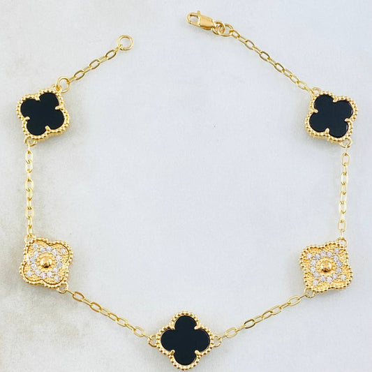 Pulso Trebol Onix Negro Diamantado 10gr / 20cm / Oro Amarillo Nac.Esp. 18K ©