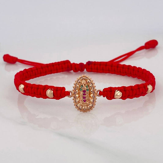 Pulsera Tejida Roja Virgen de Guadalupe Oro Rosa 18K