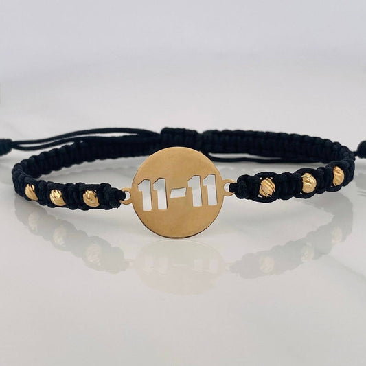 Pulsera Tejida Negra Placa 11-11 Oro Amarillo 18K