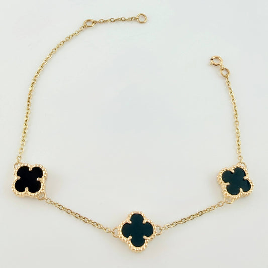 Pulso Aro Seguido Trebol Negro Onix 5.15gr / 16cm-17.5cm / 12mm Oro Amarillo Nac.Esp. 18K *