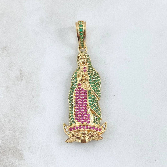Dije Virgen Guadalupe Silueta 6.55gr / 4.7cm / Circones Blancos Verdes Fucsias Oro Amarillo 18K *
