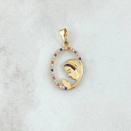 Dije Virgen Maria Circulo Floreado 1.25gr / 2.8cm / Circones Multicolor Oro Amarillo 18K