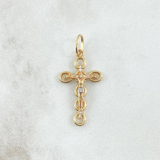 Dije Crúz Cristo Burbujas Basteados 1.85gr / 3.4cm / Circones Blancos Dos Oros Amarillo Blanco 18K