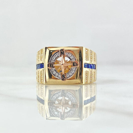 Anillo Brújula Carriles Laterales Movil 9.05gr / T11 / Circones Blancos Azules Tres Oros 18K