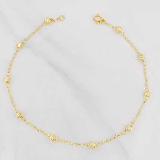 Tobillera Espiga Bolas Diamantados 2.2g / 24.05cm / 1.28mm Oro Amarillo 18K
