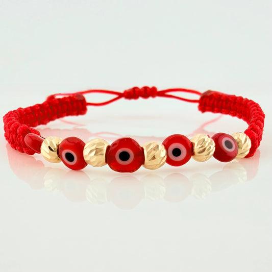 Pulsera Tejida Roja Ojos Turcos Bolas Diamantadas 5Und Oro Amarillo 18K