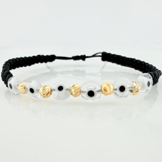 Pulsera Tejida Negra Ojos Turcos Blancos Bolas Diamantadas 5Und Oro Amarillo 18K